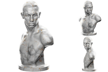 Fototapeta na wymiar 3D render of a boxer statue with stone texture and gold accents. Ideal for sports and fitness design projects.