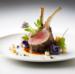 The Juicy Delight of Fine Dining Lamb Rack. AI Generated Art. Concept Art for Foodies. Restaurant. Fine Dining in Spring and Summer.
