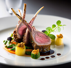 The Timeless Classic of Lamb Rack Fine Dining. AI Generated Art. Concept Art for Foodies. Restaurant. Fine Dining in Spring and Summer.
