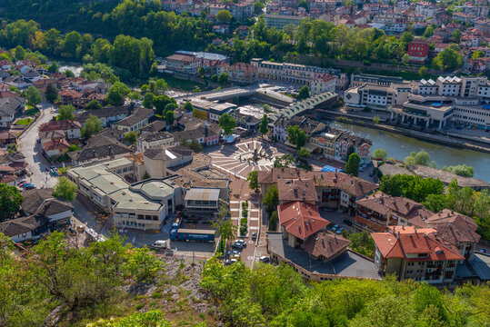 Aerial view over Covered wooden bridge in the town of Lovech in Bulgaria over the Osam river