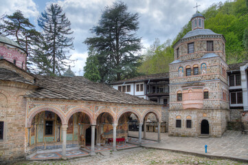 view of an inner courtyard of the famous troyan monastery in Bulgaria