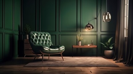 Green living room interior with leather armchair, Modern vintage interior of the living room. Generative AI