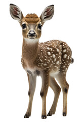 Naklejka premium a spring-themed illustration photo featuring an isolated cute spotted baby deer fawn standing set on a transparent background in PNG. Generative AI