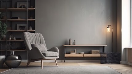 Grey living room interior shelf and armchair with window, mockup frame. Generative AI