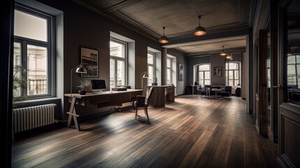 The interior design of the office with wooden floor, and a dark grey-amber palette. Generative AI