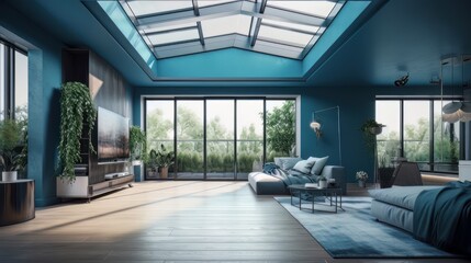 Fototapeta premium Interior of modern luxury penthouse room design with wooden floor. Generative AI