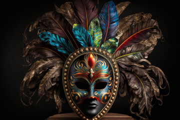venetian mask with big colorful feathers very artfully painted created with Generative AI technology