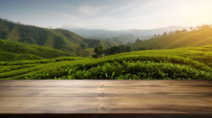 Empty wooden table in front of tea plantation background