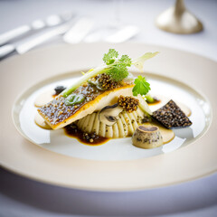 The Delicious Aroma of Turbot and Morels in a Spring and Summer Fine Dining Setup. AI Generated Art. Concept Art for Foodies. Restaurant. Fine Dining in Spring and Summer.