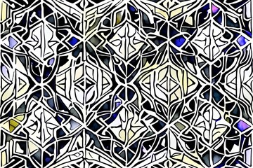 Watercolor Geometric Pattern. Picture of Symmetry.  Black Bohemian ink effect paint. Neon White Artistic Psychedelic Geo. - generative ai