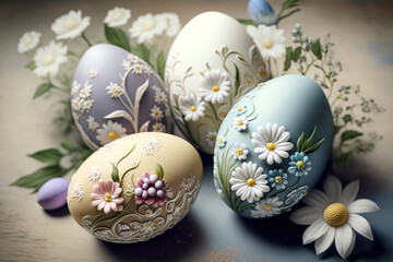 Fototapeta na wymiar Easter eggs in pastel colors with flowers decor on them. Flowers around on light grey background. Greeting card for Easter holidays. Generative Ai