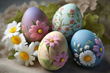 Obraz na płótnie Canvas Colorful Easter eggs with flowers decor on them. White daisies and green leaves around on fabric background. Greeting card for Easter holidays. Generative Ai