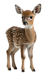 a spring-themed illustration photo featuring an isolated cute spotted baby deer fawn standing set on a transparent background in PNG. Generative AI