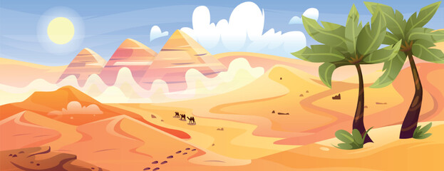 Fototapeta na wymiar Egyptian desert with pyramids. Natural beautiful panorama with palm trees and silhouettes of camels on sand. Hot sun on summer day above pharaoh tombs and dunes. Cartoon flat vector illustration
