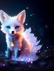 Obraz premium little white cute fox - the spirit of winter and frost, the character of a white polar fox with decorations, crystals and magic frost, generative ai