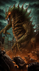 Comic book style illustration about giant monsters attacking city.