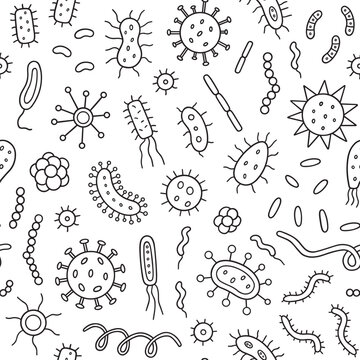 Seamless pattern of Bacteria and Viruses doodle. Microorganism in sketch style. Hand drawn vector illustration