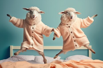 funny lambs in terry bathrobe joyfully jumping at the bed having fun, created with Generative AI technology - obrazy, fototapety, plakaty