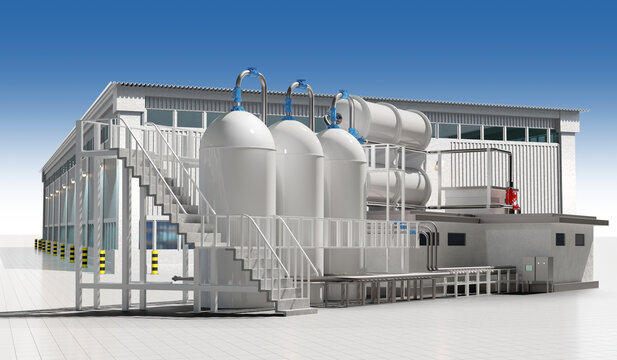 Industrial tanks. Modern production. Tank equipment for factory. Industrial technologies. Hangar with tanks under blue sky. Innovations in field of production. Production technologies. 3d image