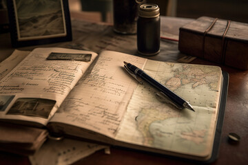 Capturing Memories. Traveler's journal and pen on a desk. Writing and documenting concept. AI Generative