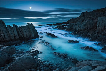 Fototapeta premium limestone gorge filled with water and fog, it is night and there is full moon created with Generative AI technology