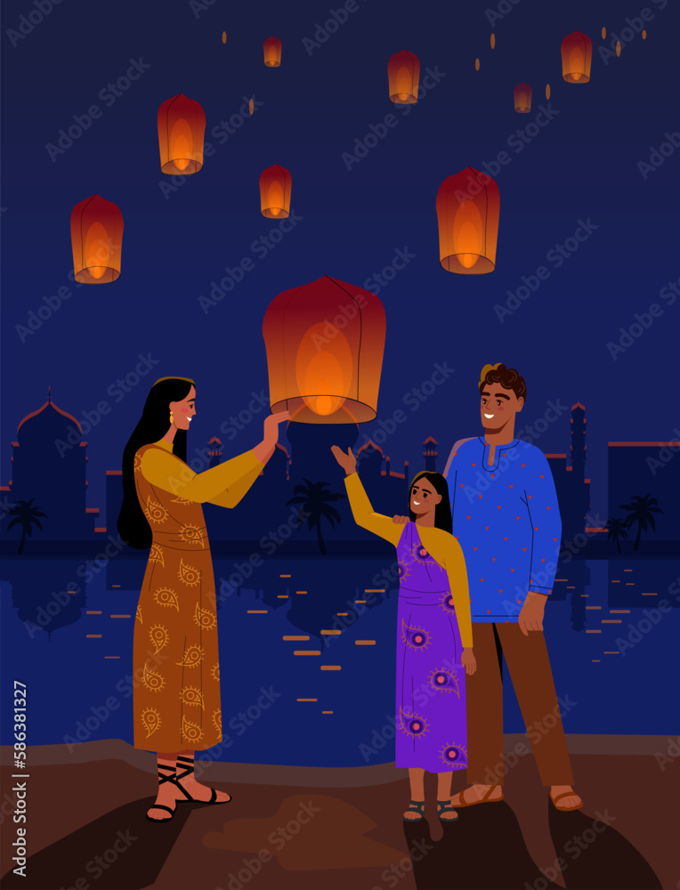 Sticker family celebrating diwali festival. man and woman with daughter launch lanterns into night sky. trad