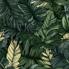 seamless background with tropical leaves Monstera and Banana leaves