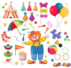 Obraz na płótnie Canvas Clown with items set. Man with multicolored skittles, balls and balloons. Popcorn with circus tent. Colorful boots, ties, socks and hats. Cartoon flat vector illustrations isolated on white background