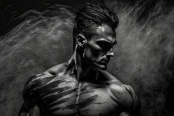 black and white illustration a young man with many muscles and tattos created with Generative AI technology