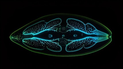 Exploring Microscopic World, Abstract illustration of bioluminescent  Paramecium Caudatum. Gen AI