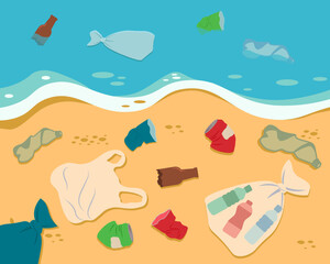 Dirty Sea Shore. Plastic Trash, Rubbish On The Beach. Ecology Problem Flat Style Vector Illustration