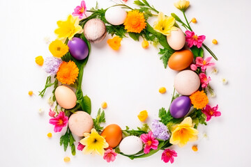Naklejka na ściany i meble easter eggs and flowers. Overhead shot of Easter with spring flowers and colorful quail eggs over white background. Springtime and Easter holiday concept with empty copy space, top view. Generative ai