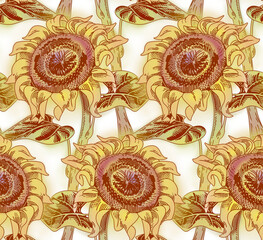 Sunflower flowers with stem and leaves on a white background. Engraved vintage style with wet color silhouette. Seamless pattern - 586383939