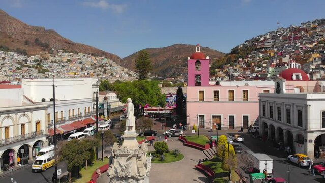 Uprising drone footage in Pachuca de Soto, Aerial view of the Plaza de la Constitucion in the center of Pachuca, Hidalgo