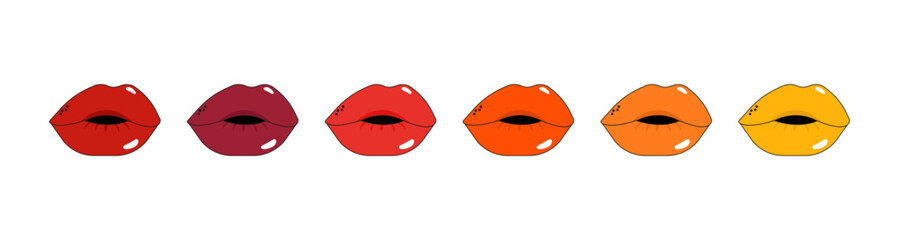 Red, orange and yellow lips. Collection, set of symbols and associations of feminism. Women's rights day, international women's day. Vector illustration