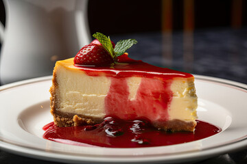 delicious piece of cheesecake with strawberry sauce on a white porcelain plate created with Generative AI technology