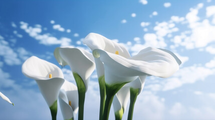 Calla lily flower with slime against sky blue background. Creative nature concept