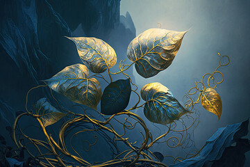 small rooted plant with golden glow growing on a rock created with Generative AI technology