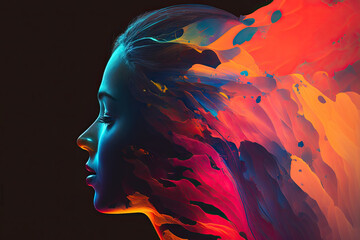 colorful abstract illustration of female head which appears from colorful colors created with Generative AI technology