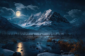 mountainous winter landscape and a small lake at night created with Generative AI technology
