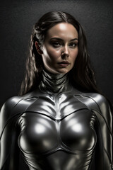 young woman in a silver leather suit, she has long dark hair created with Generative AI technology