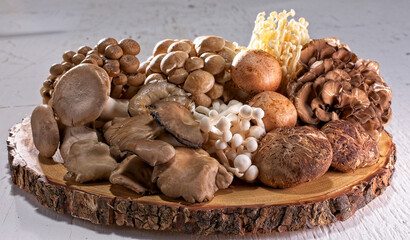 A wood board of wild and exotic mushrooms
