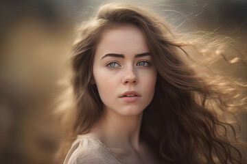 young woman with long hair looking to the side created with Generative AI technology