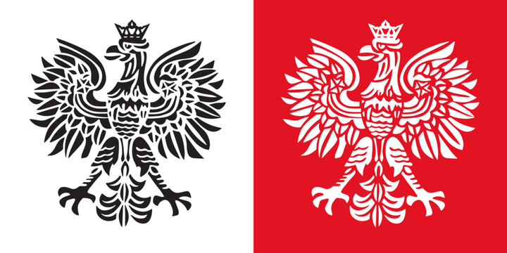 White Polish Eagle Symbol Emblem. Polish coat of arms in engraved style. Set of two.