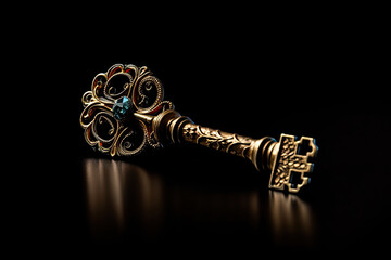 beautifully decorated golden key with a blue gemstone created with Generative AI technology - obrazy, fototapety, plakaty