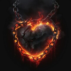 Illustration of a stone heart surounded by flaming chains in a black background, generative AI
