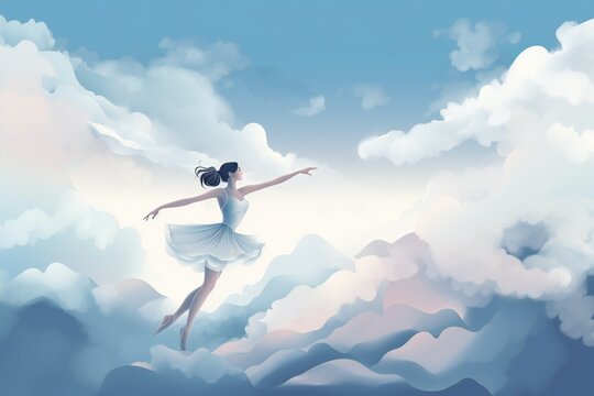 Illustration of a woman ballerina dancing above the clouds, generative AI
