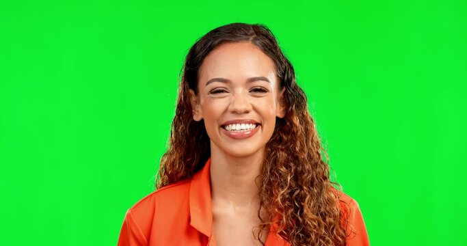 Portrait, comic and laughter with a woman on a green screen background in studio enjoying a joke. Face, comedy or humor with a happy and attractive young female laughing on chromakey mockup
