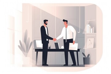 Obraz premium Illustration of two men shaking hands in the office, generative AI