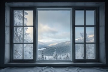 White window frames with a view of snowy mountains and a forest on a hill, generative AI